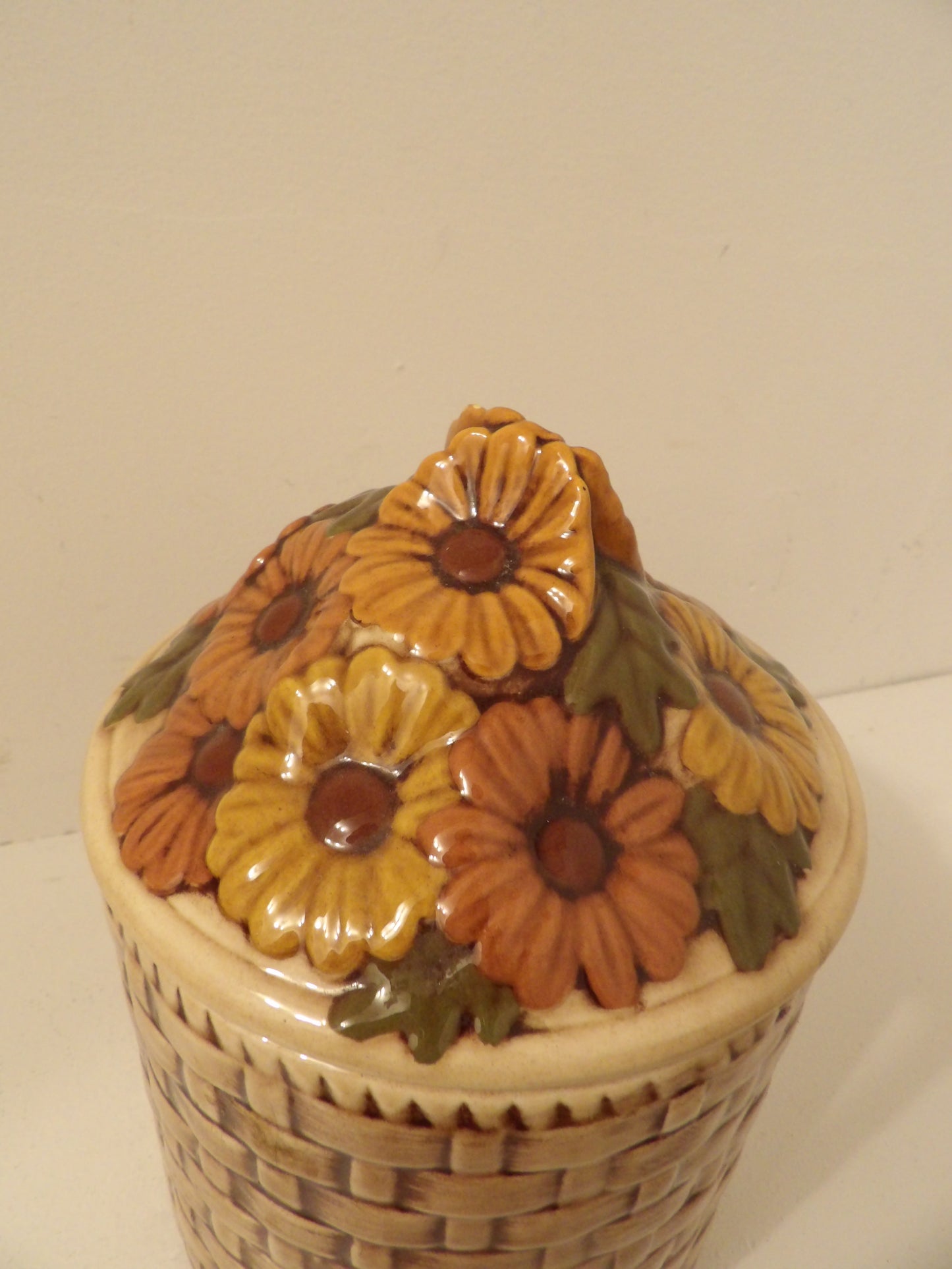 VINTAGE Ceramic Sunflower Basket Weave Canister