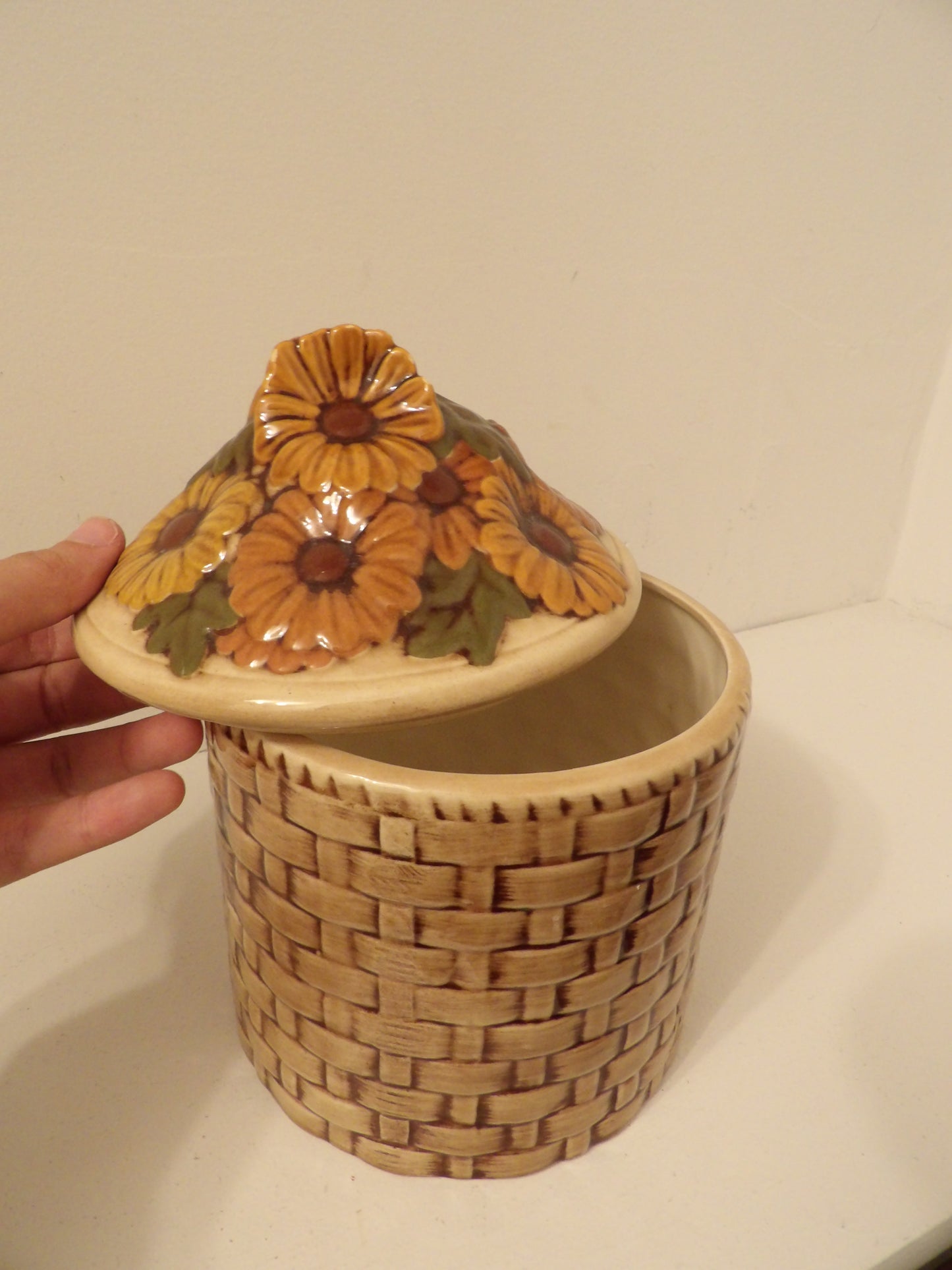 VINTAGE Ceramic Sunflower Basket Weave Canister