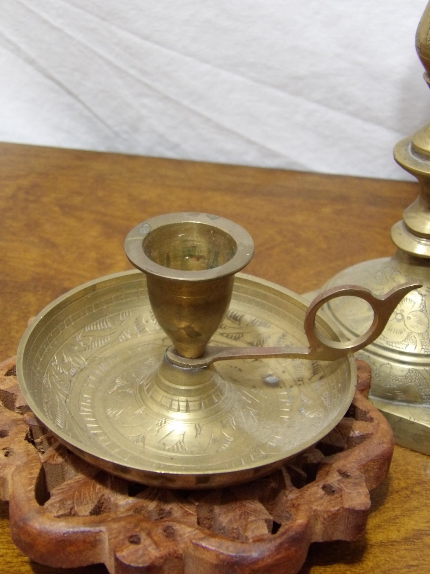 VINTAGE Etched Brass Candlestick Holder w/ Handle