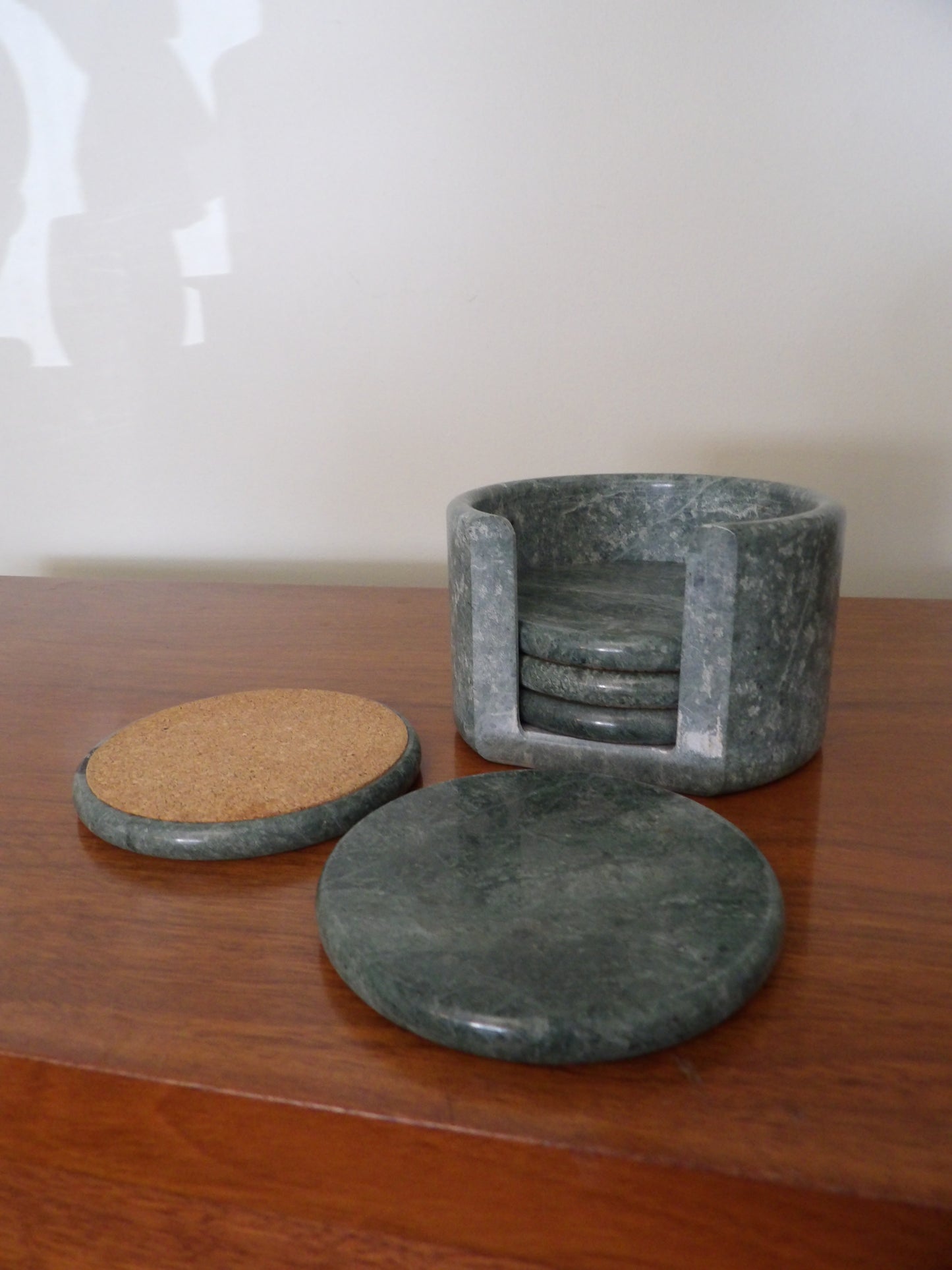 VINTAGE Set of 6 Green Marble Coasters + Holder