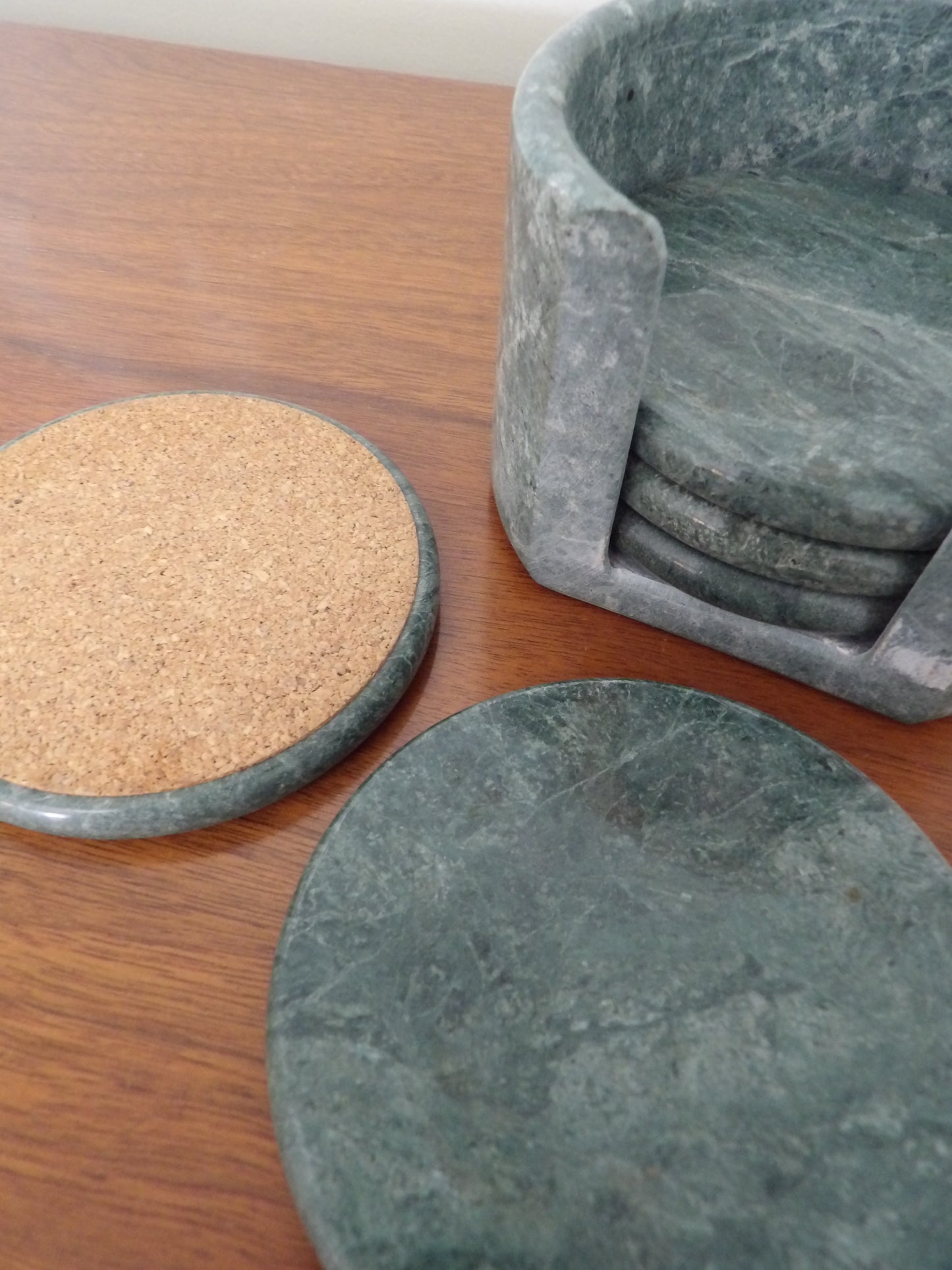 VINTAGE Set of 6 Green Marble Coasters + Holder