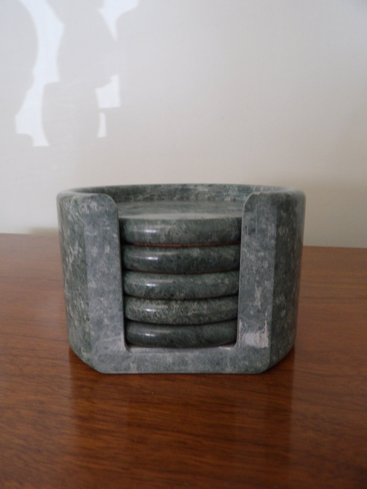 VINTAGE Set of 6 Green Marble Coasters + Holder