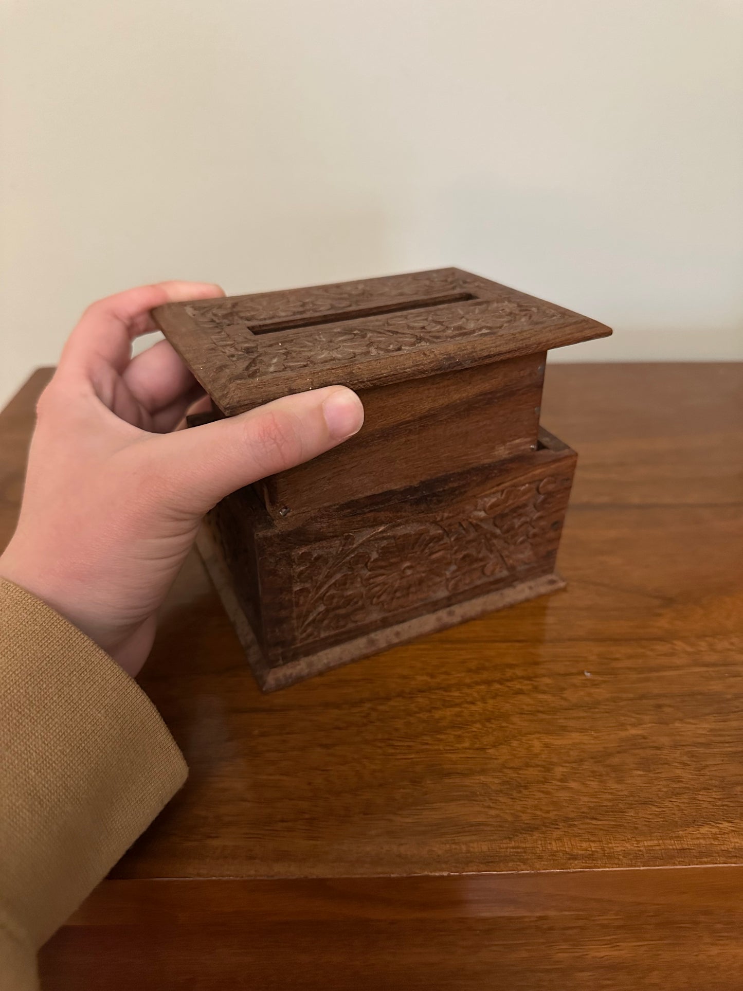 VINTAGE Hand-Carved Wooden Cigarette Dispenser Box