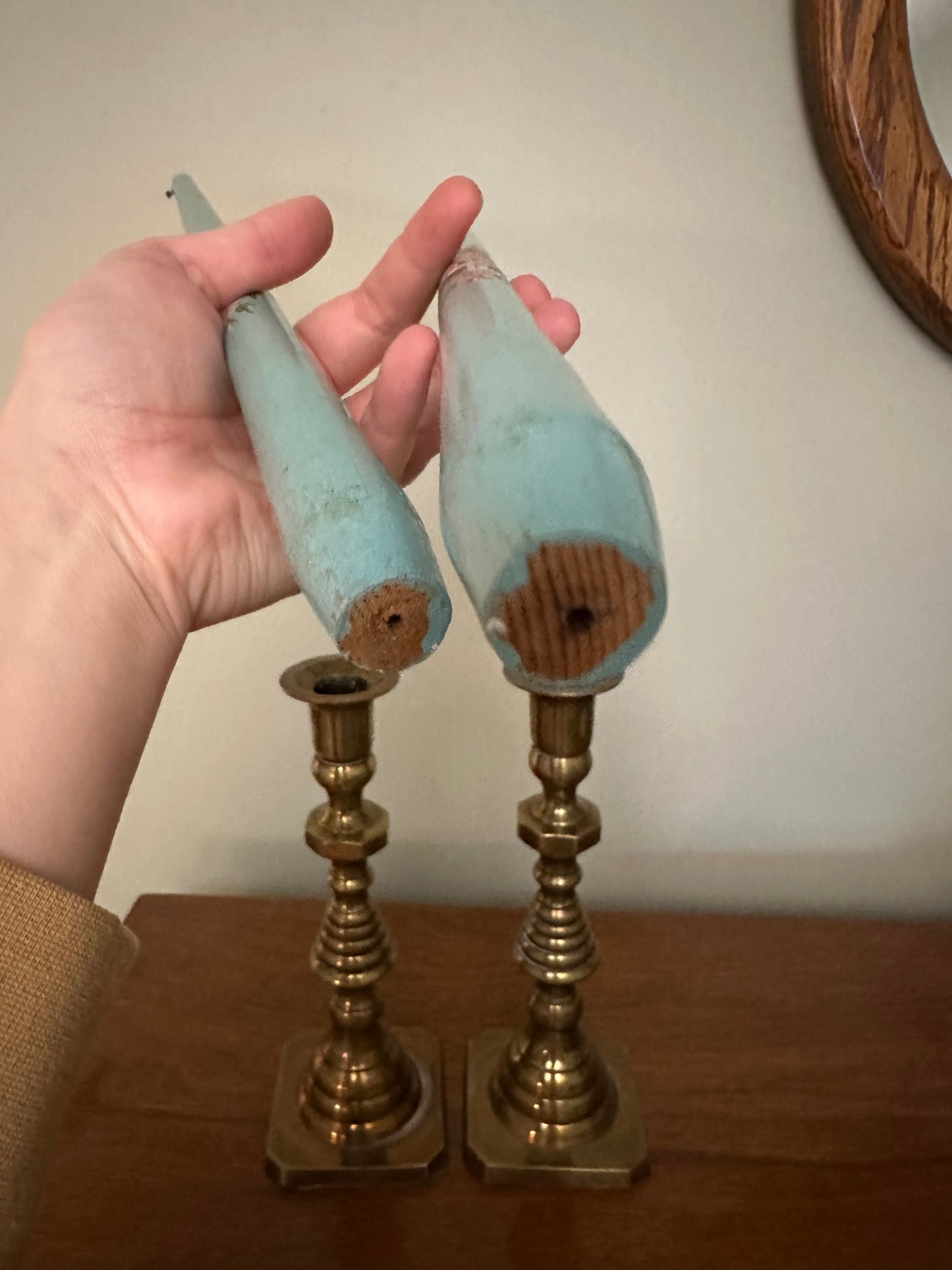 VINTAGE Wooden Painted Candlesticks