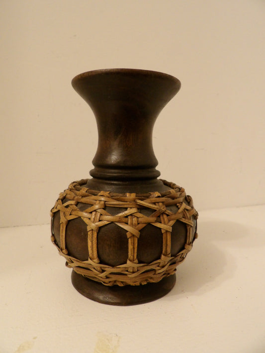 VINTAGE Wooden Vase with Rattan