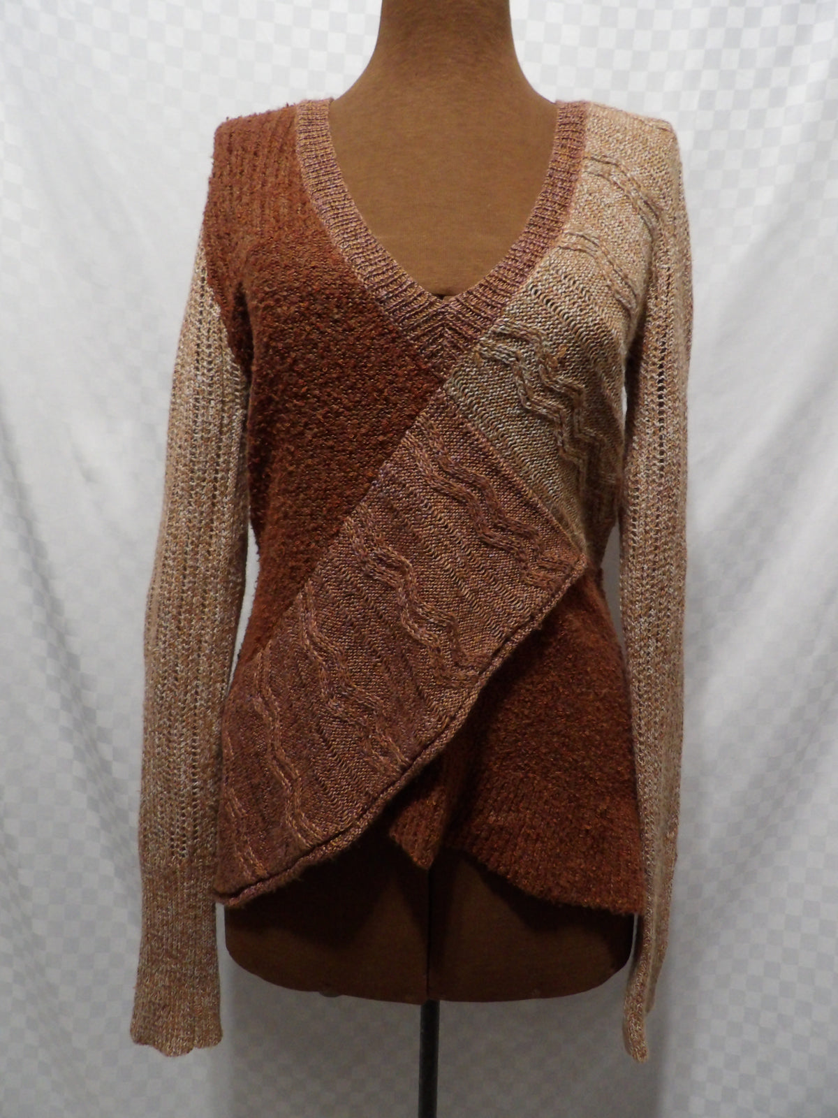 BKE Asymmetric Mixed-Knit Patchwork Sweater | L