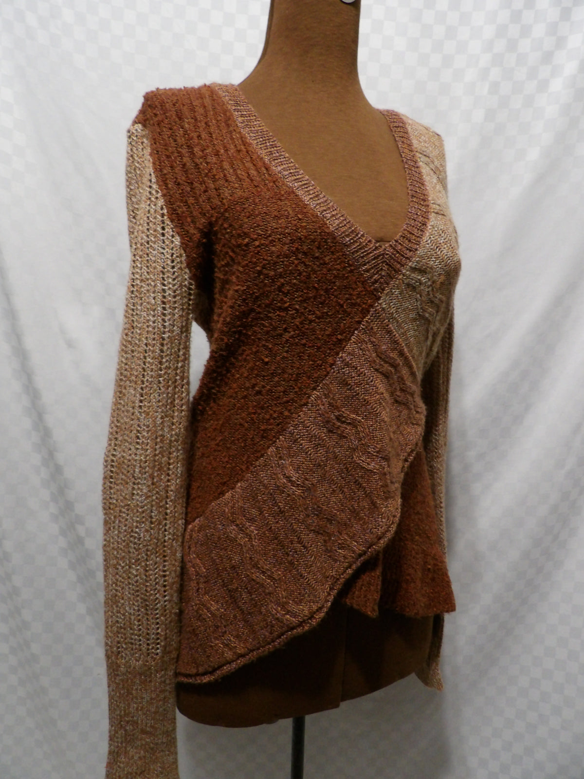 BKE Asymmetric Mixed-Knit Patchwork Sweater | L