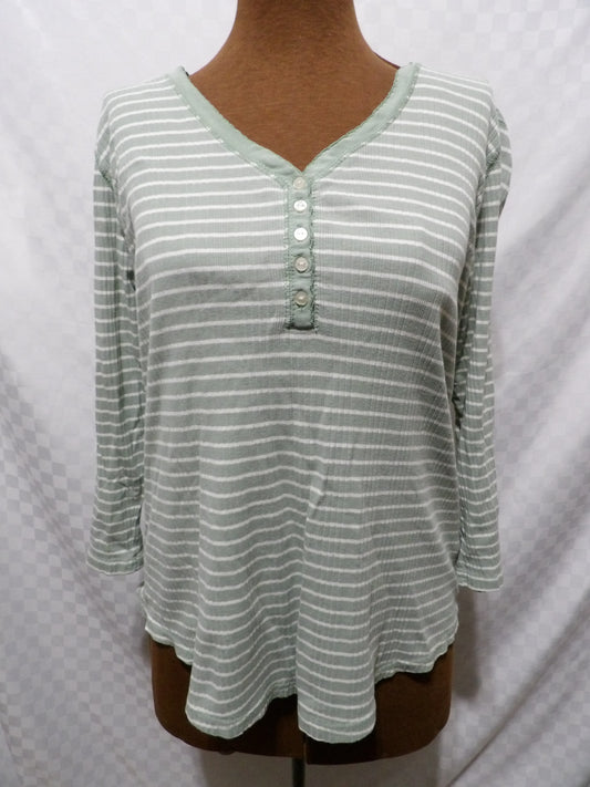 CHAPS Mint Green and White Striped 3/4 Sleeve Blouse | M
