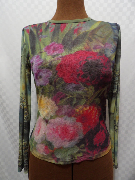 2 MUCH LA Vintage Y2K Floral Mesh Long Sleeve Top | S