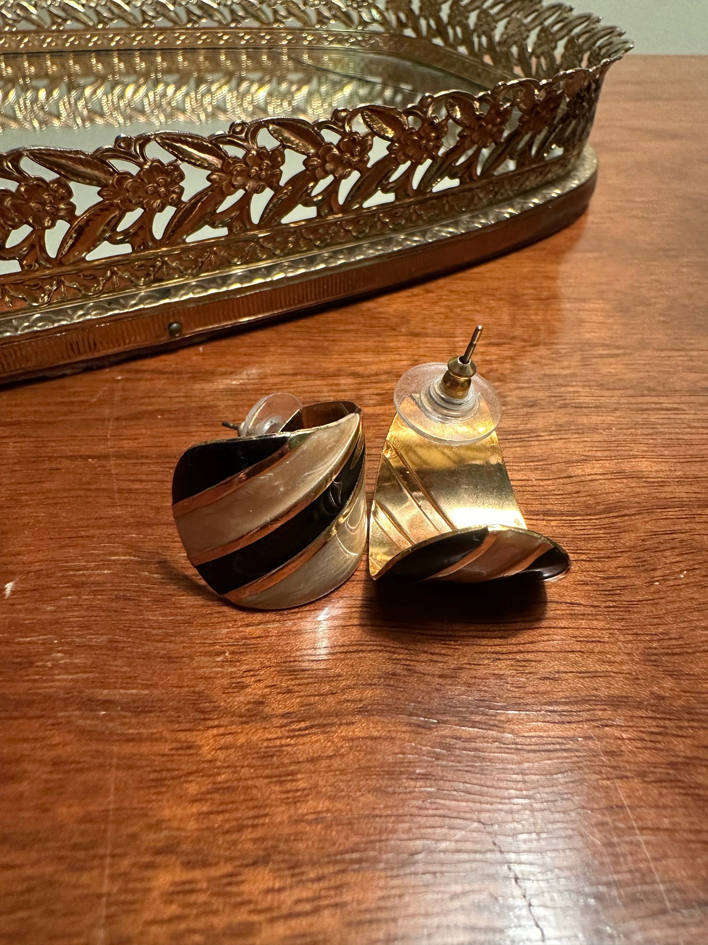 VINTAGE Cream, Black + Gold Tone Open Ended Hoop Earrings