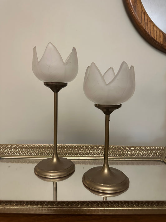 PAIR of Frosted Glass + Brass Tulip Votive Candle Holders